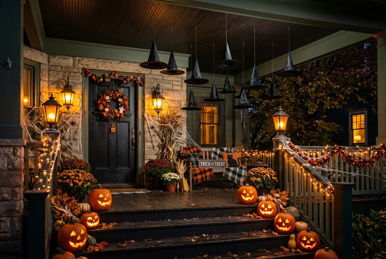 17 Easy DIY Halloween Porch Ideas for a Cozy Front Entrance 2 Floating black witch hats hanging from porch ceiling with glowing amber lights