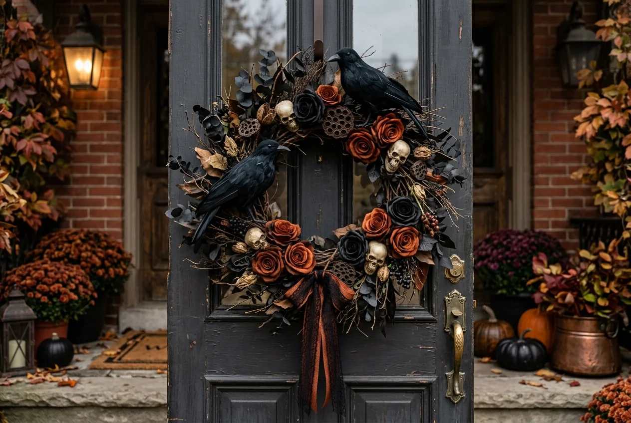 17 Easy DIY Halloween Porch Ideas for a Cozy Front Entrance 11 Dark moody autumn door wreath featuring black artificial ravens, orange roses, and skulls