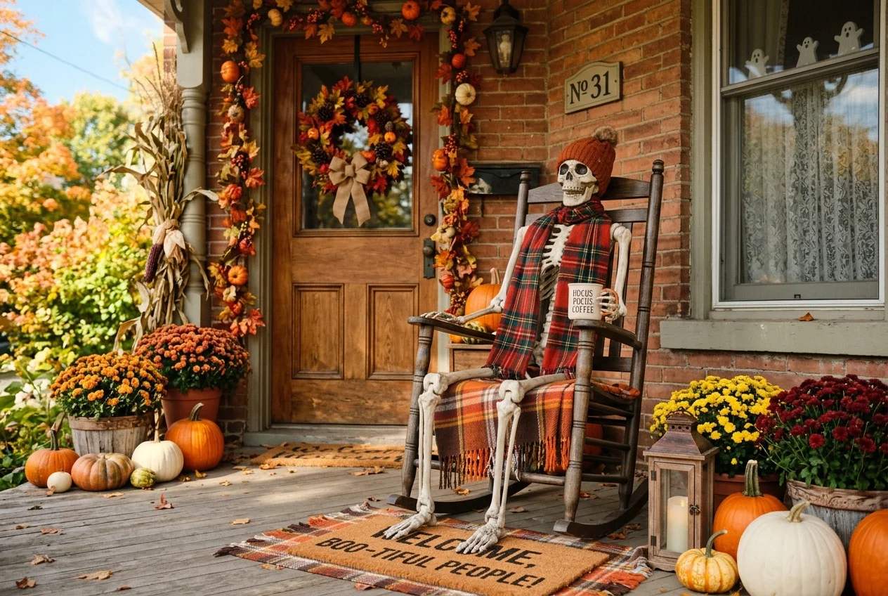 17 Easy DIY Halloween Porch Ideas for a Cozy Front Entrance 12 Life-sized skeleton sitting comfortably in a wooden porch rocking chair wearing plaid scarf