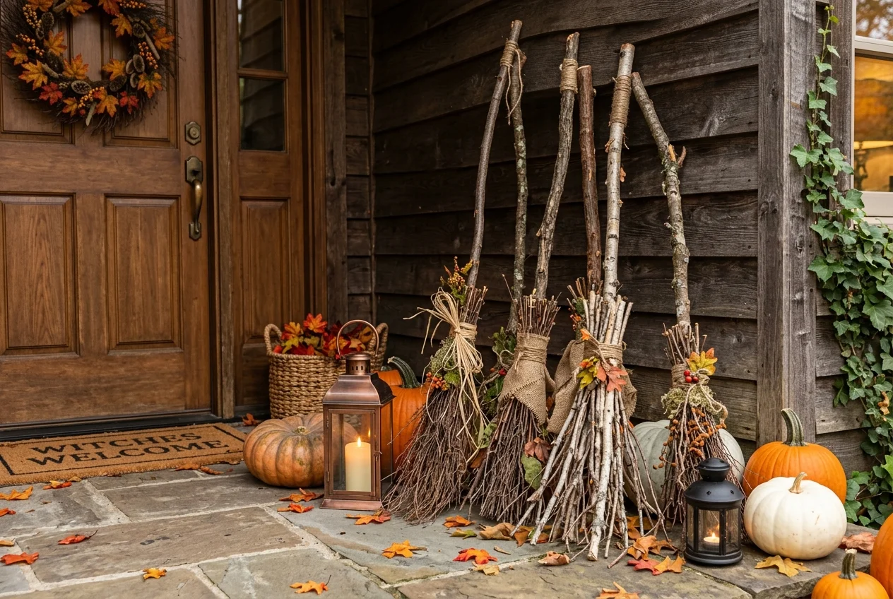 17 Easy DIY Halloween Porch Ideas for a Cozy Front Entrance 13 Rustic cluster of twig bundle DIY witch broomsticks standing near front entryway