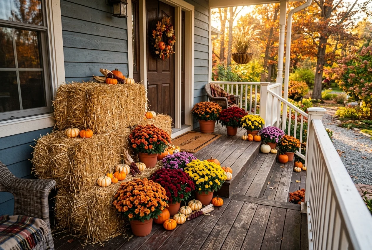 17 Easy DIY Halloween Porch Ideas for a Cozy Front Entrance 14 Stacked natural hay bales with potted chrysanthemums and mini gourds on front porch