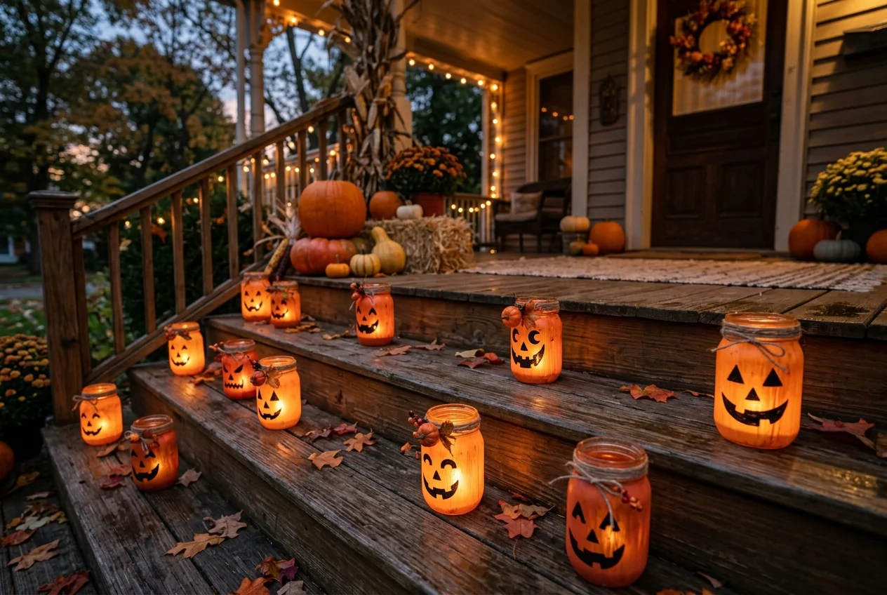 17 Easy DIY Halloween Porch Ideas for a Cozy Front Entrance 15 DIY mason jar Jack-o'-Lantern luminaries glowing softly with tea lights on porch steps