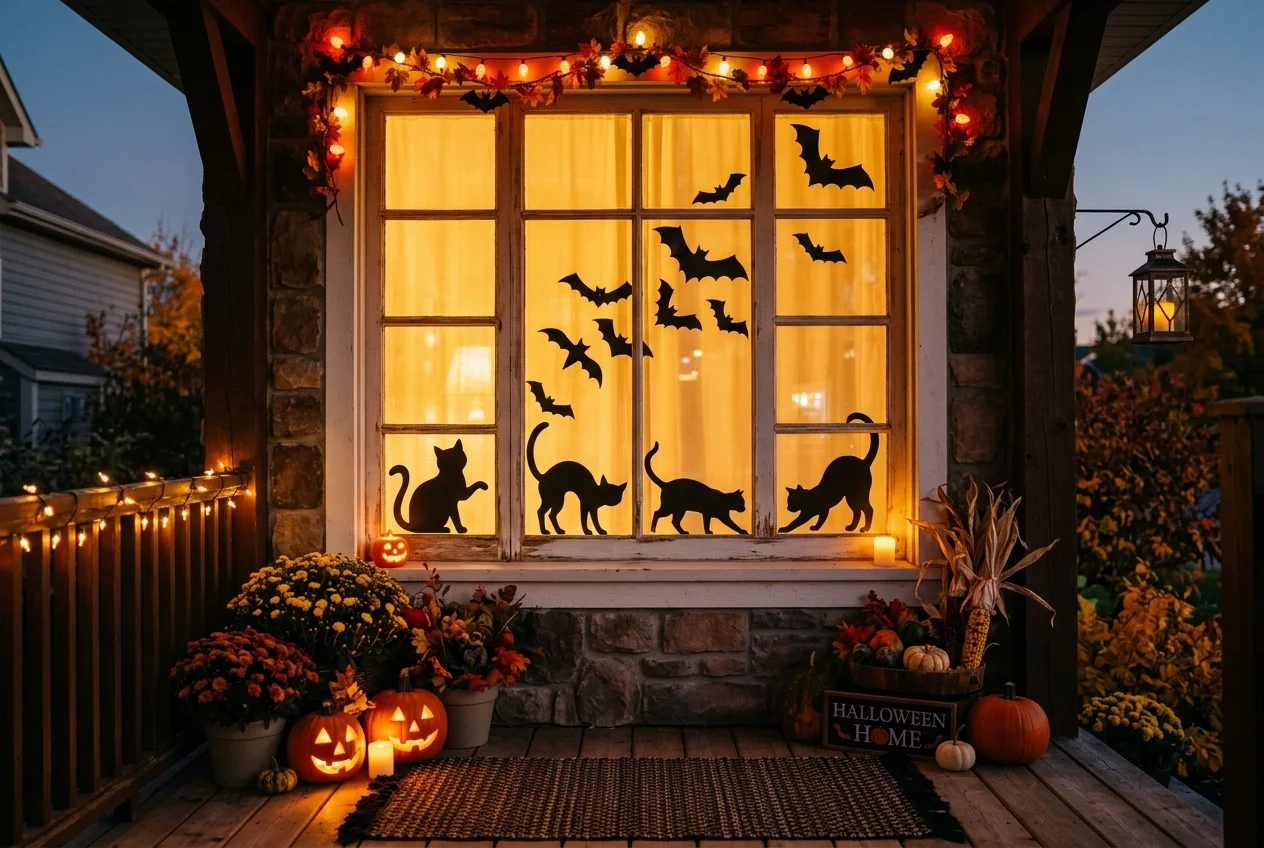 17 Easy DIY Halloween Porch Ideas for a Cozy Front Entrance 16 Porch window with black paper silhouettes of black cats and flying bats lit from behind