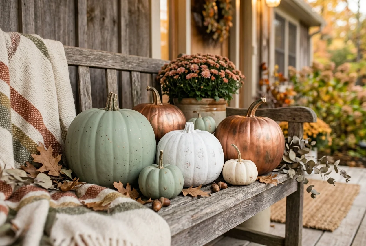 17 Easy DIY Halloween Porch Ideas for a Cozy Front Entrance 17 Chic painted terracotta pumpkins in sage green, white, and copper on wooden porch bench