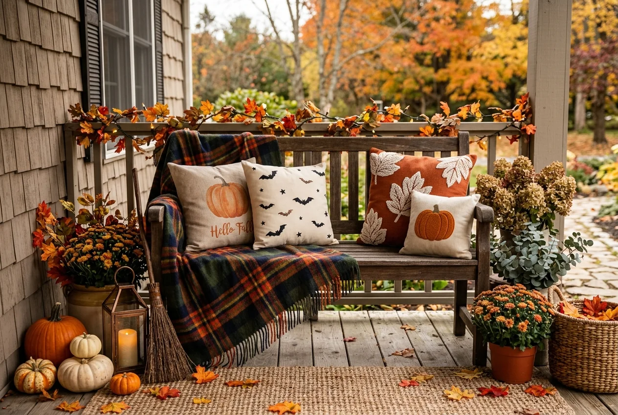 17 Easy DIY Halloween Porch Ideas for a Cozy Front Entrance 18 Cozy wooden porch bench styled with soft tartan plaid blanket and pumpkin bat pillows