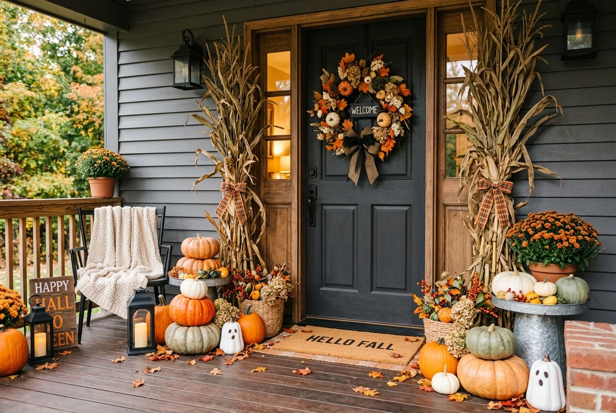 17 Easy DIY Halloween Porch Ideas for a Cozy Front Entrance 3 Stacked orange and white heirloom pumpkins with dried corn stalks framing front door