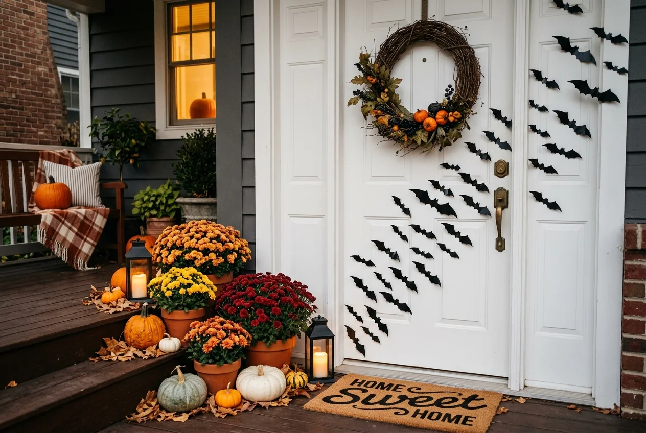 17 Easy DIY Halloween Porch Ideas for a Cozy Front Entrance 4 Swarm of black paper bats fluttering across a clean white front door