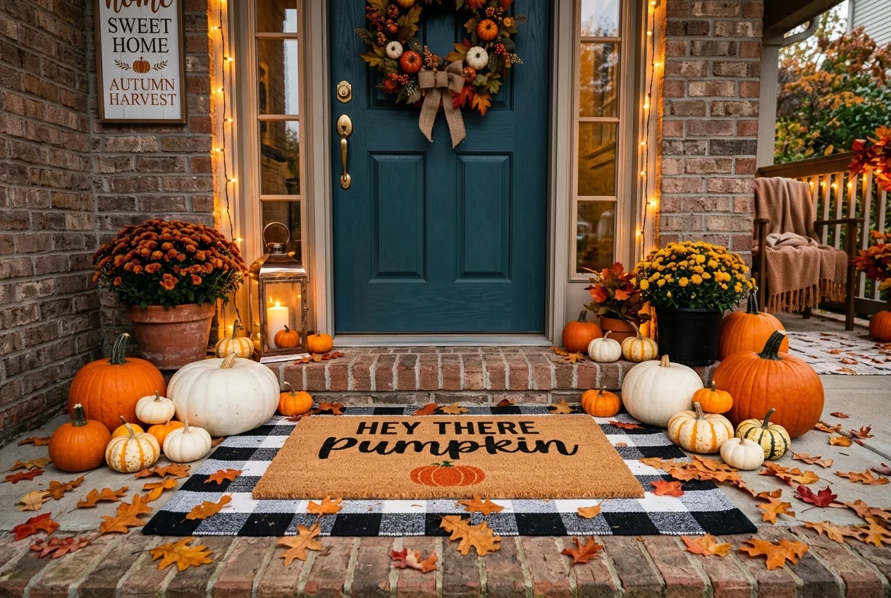 17 Easy DIY Halloween Porch Ideas for a Cozy Front Entrance 5 Layered buffalo plaid doormat with Hey There Pumpkin mat surrounded by fall leaves