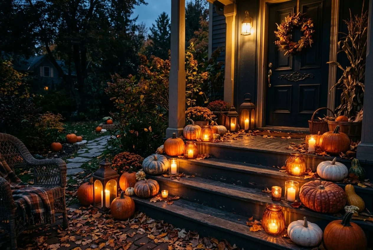 17 Easy DIY Halloween Porch Ideas for a Cozy Front Entrance 6 Glowing warm amber glass lanterns and flickering candles on wooden porch steps at dusk