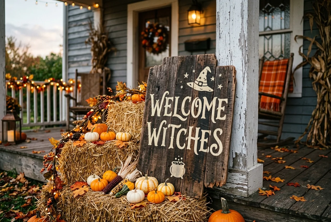 17 Easy DIY Halloween Porch Ideas for a Cozy Front Entrance 7 Rustic DIY wooden Halloween sign painted with Hocus Pocus leaning against porch column