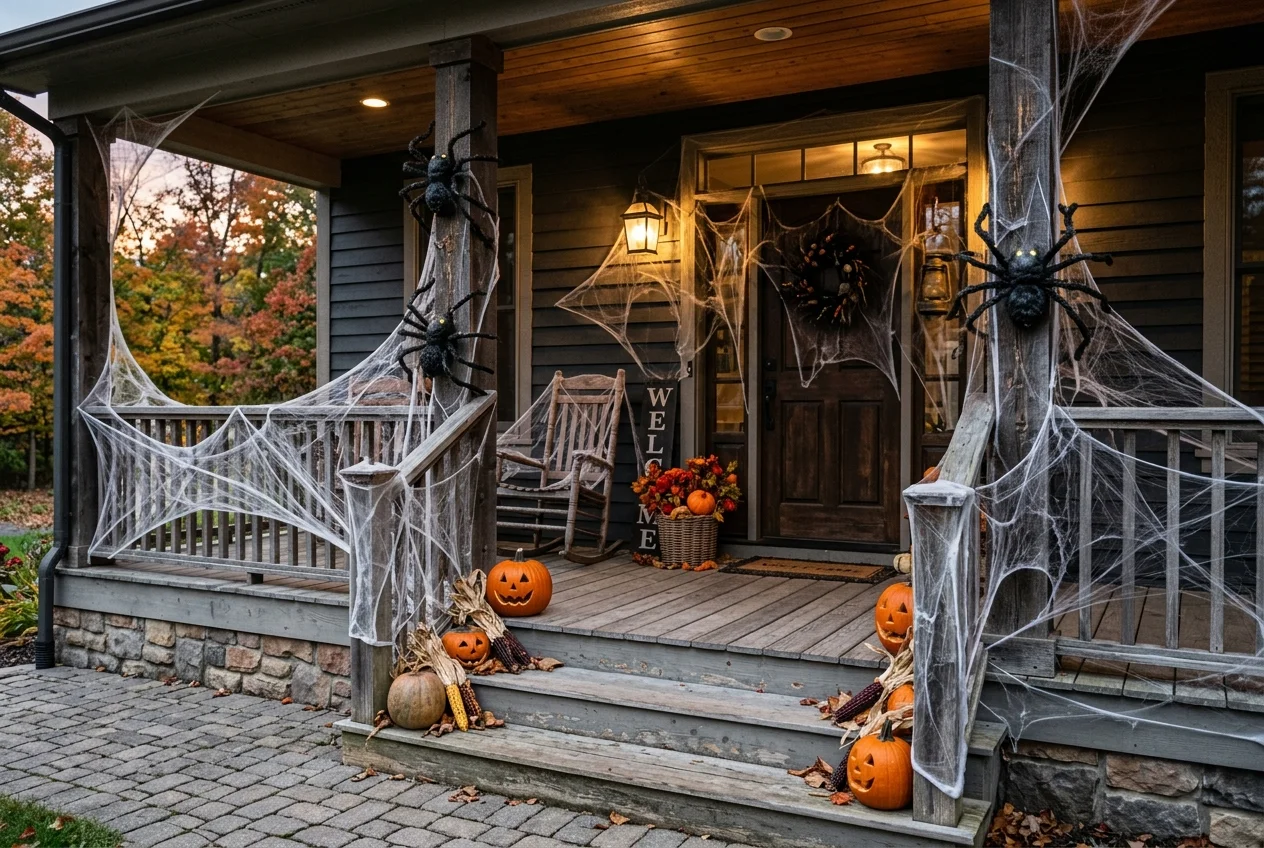 17 Easy DIY Halloween Porch Ideas for a Cozy Front Entrance 8 Stretchable white cobwebs and large black decorative spiders crawling up porch columns