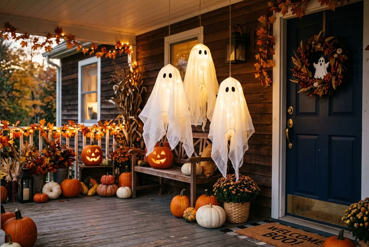 17 Easy DIY Halloween Porch Ideas for a Cozy Front Entrance 9 Soft glowing white fabric DIY ghosts floating in the corner of a front porch
