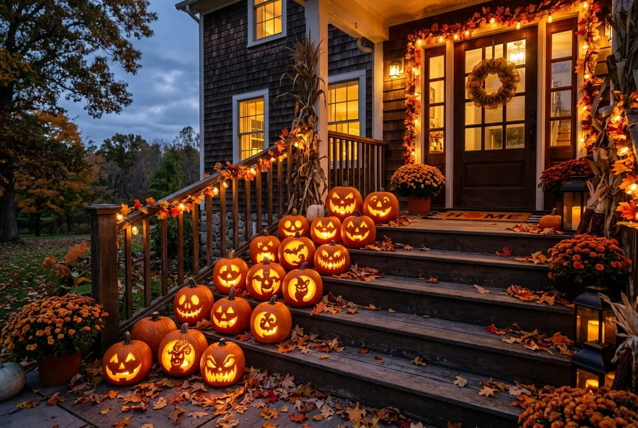 17 Easy DIY Halloween Porch Ideas for a Cozy Front Entrance 10 Cascade of glowing carved Jack-o'-Lantern pumpkins stacked on wooden porch stairs