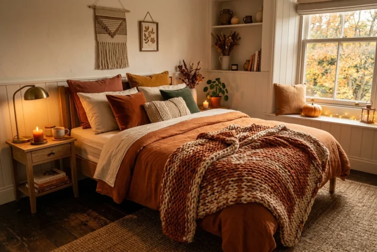 Cozy fall bedroom with a rust and cream chunky knit blanket draped over the bed