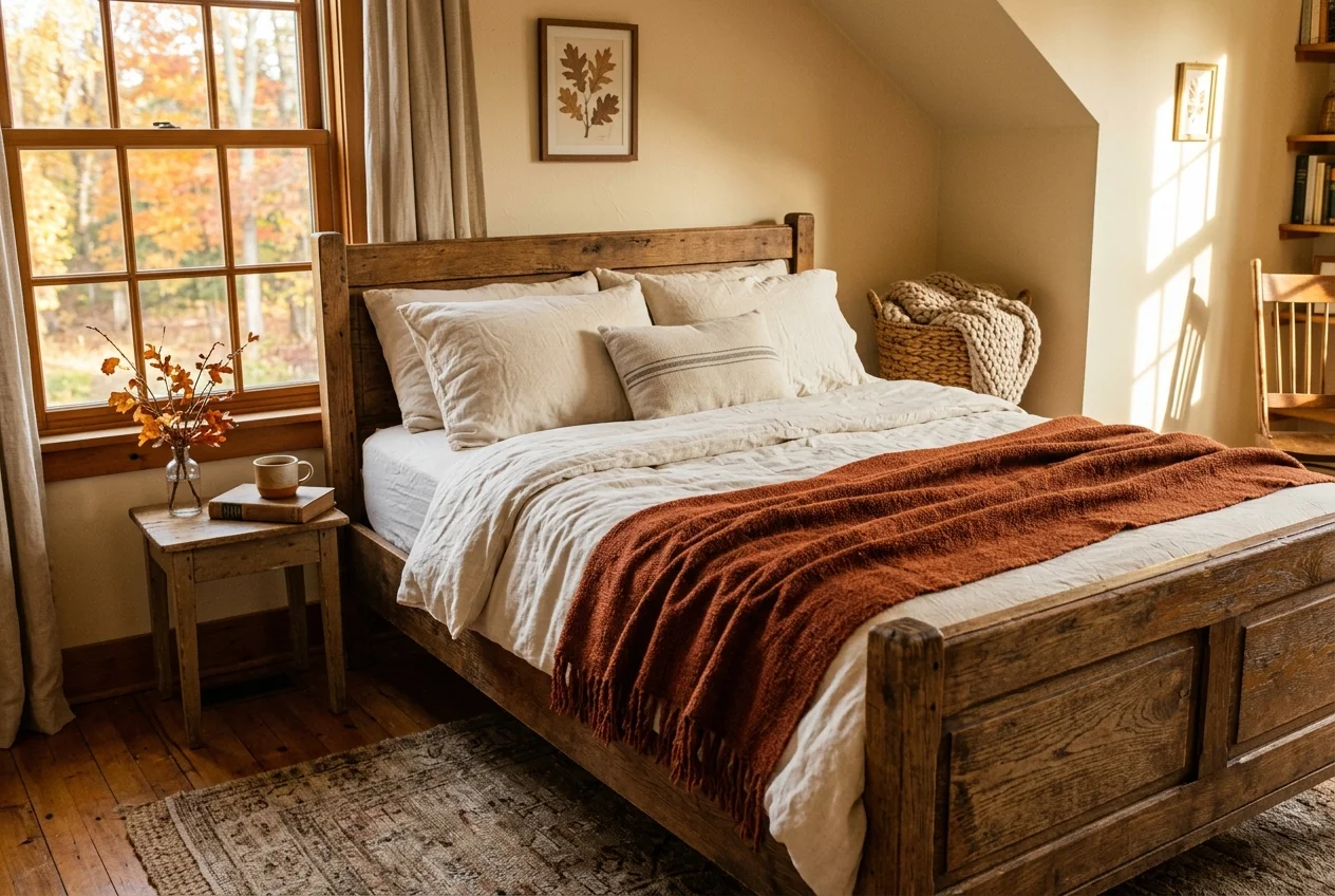Rustic vintage wooden bed with warm linen sheets and rust throw blanket