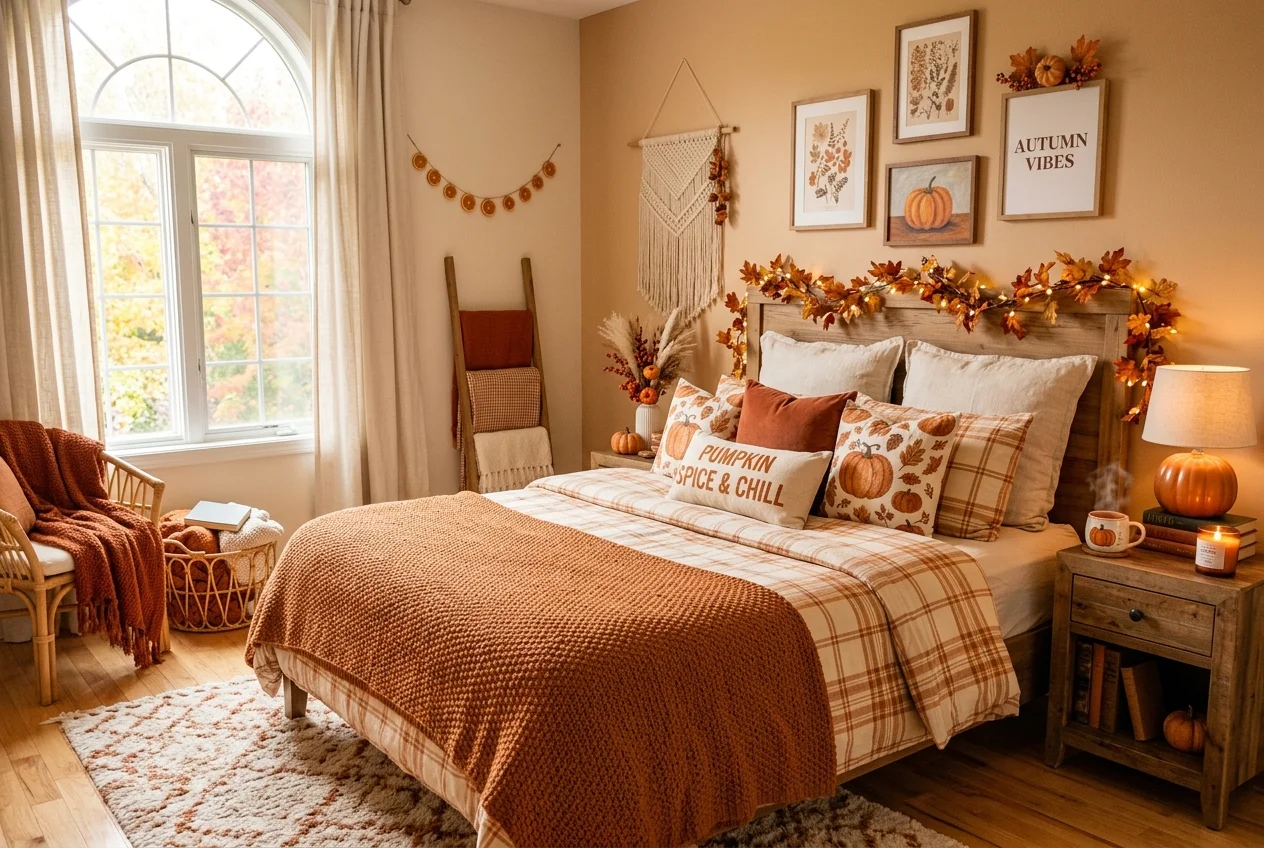 Pumpkin spice color palette bedroom with orange, cinnamon, and cream bedding