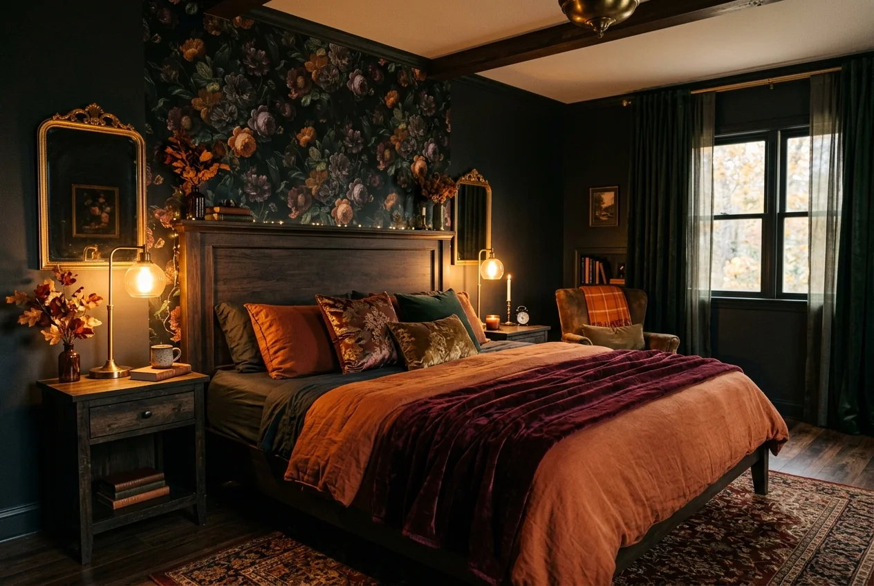 Moody dark floral wallpaper feature wall in a luxurious autumn bedroom