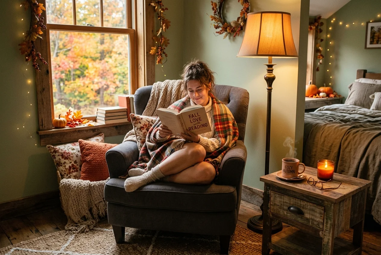 Cozy corner reading nook with plush armchair, plaid blanket, and hot mug