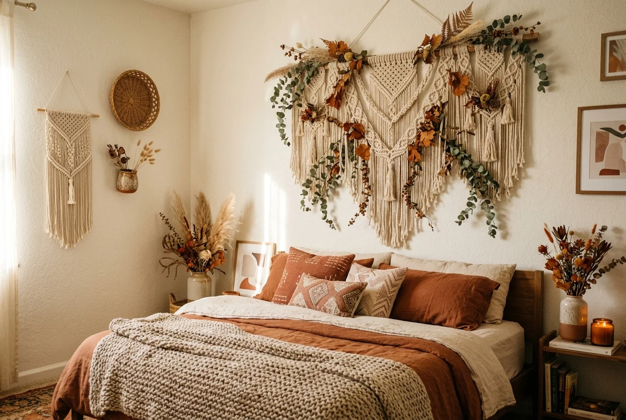 Boho fall bedroom wall decor with macrame hanging intertwined with dried botanicals