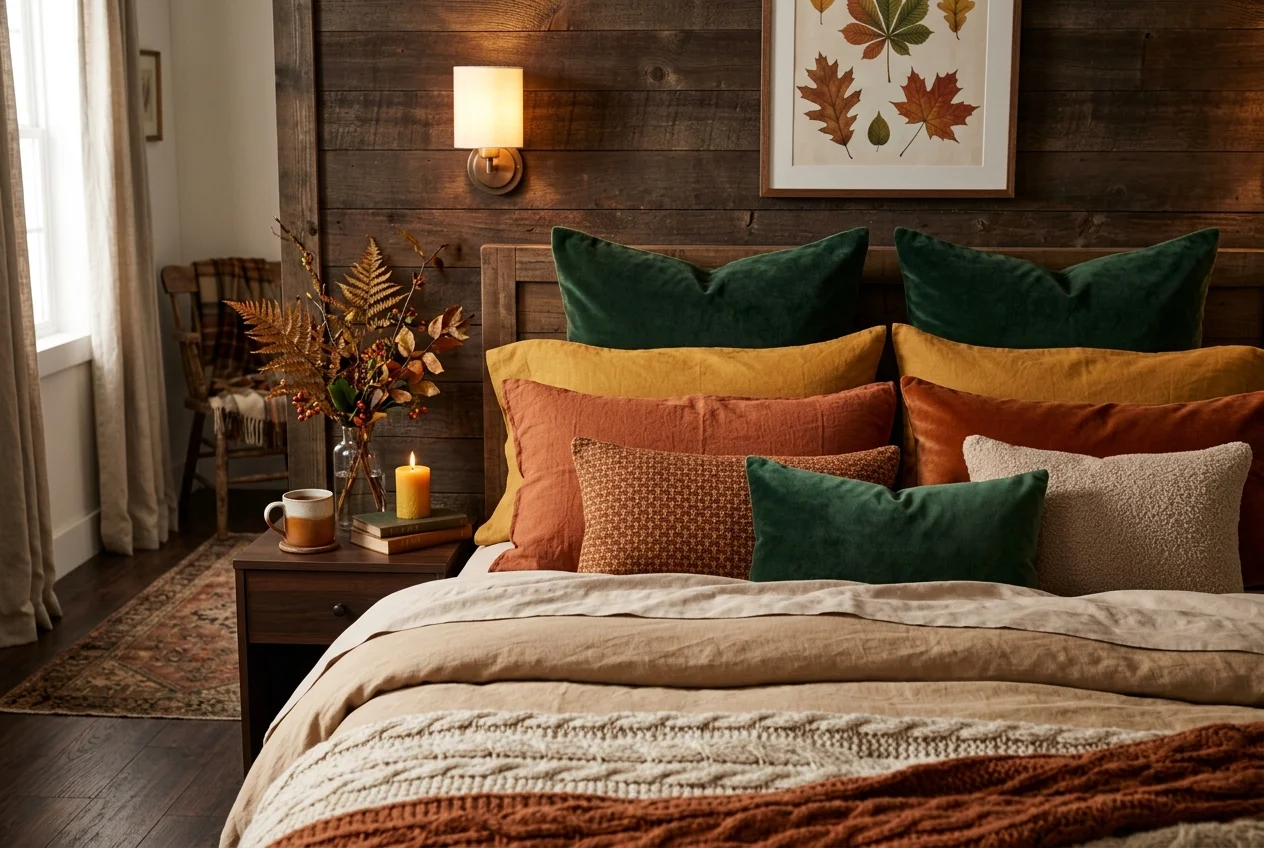 Deep forest green velvet cushion covers layered against warm rust pillows