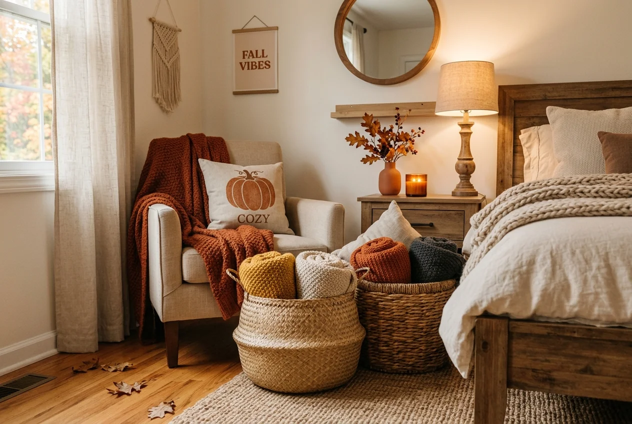 Woven seagrass baskets filled with rolled chunky knit blankets in bedroom corner