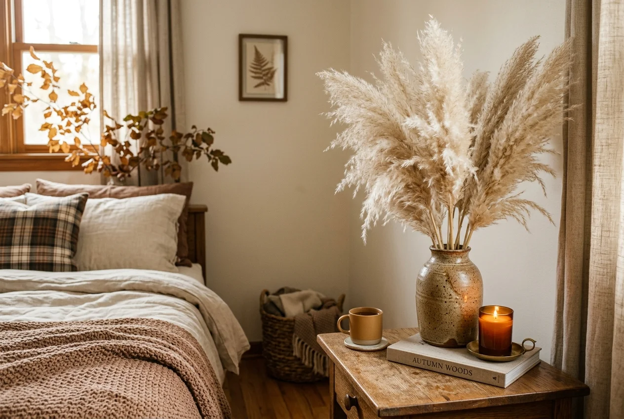 Tall feathery dried pampas grass in stoneware ceramic vase on bedside table