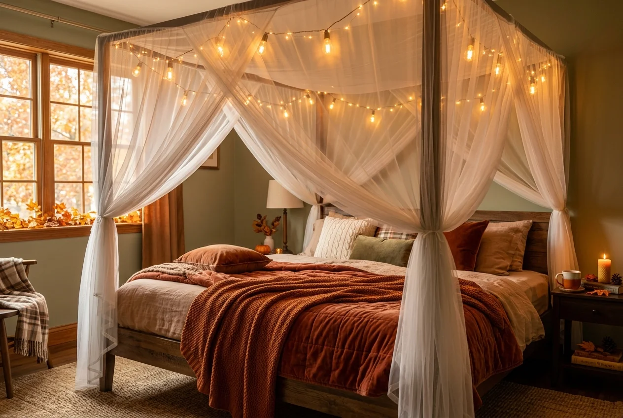 Ethereal canopy bed setup with sheer netting and warm glowing fairy lights