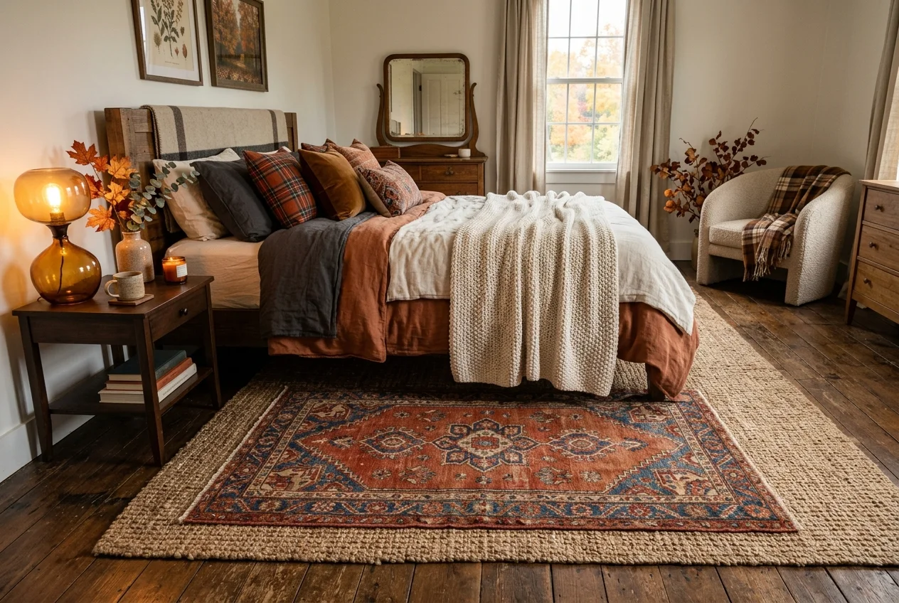 Layered vintage wool patterned rug over a large natural jute base rug
