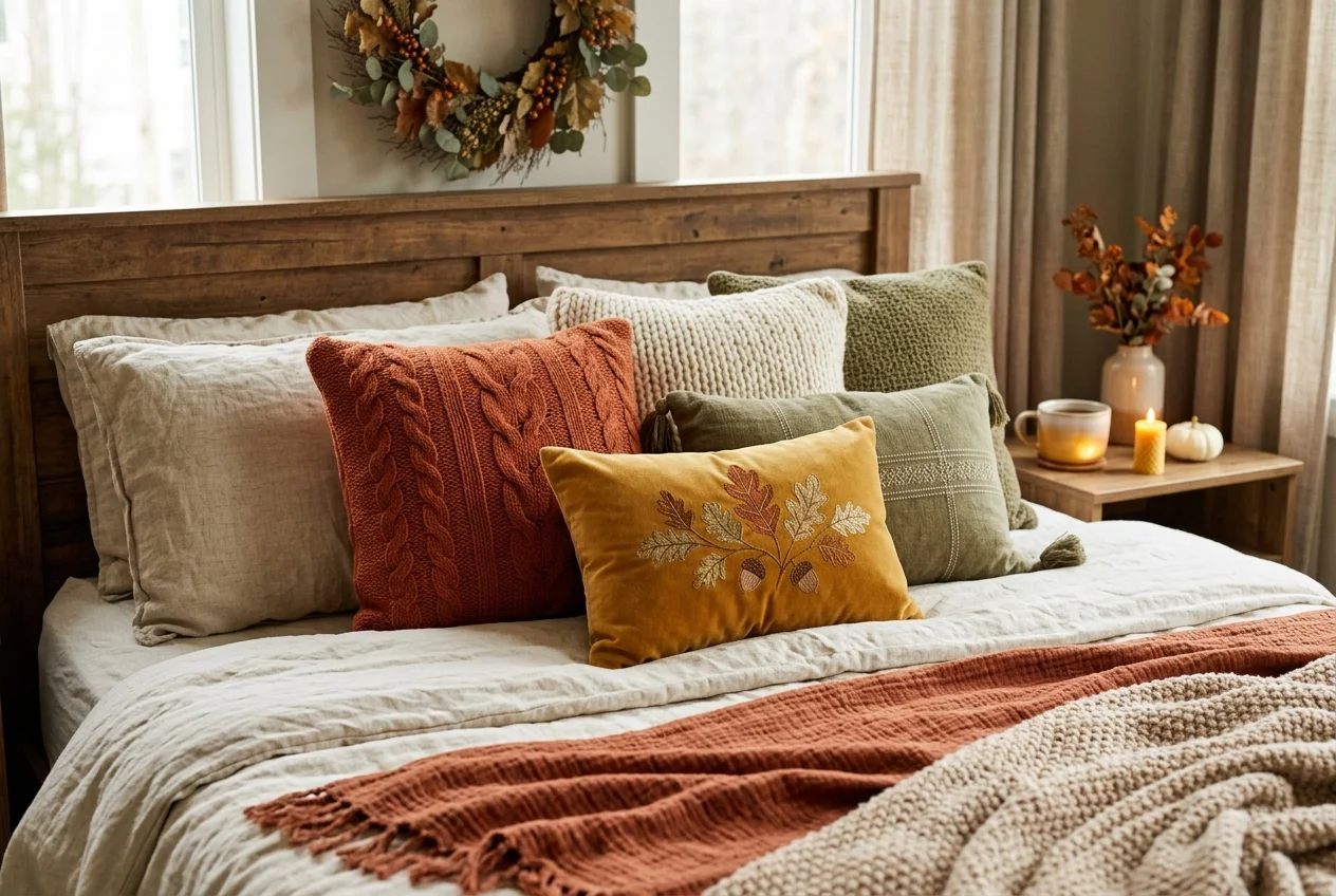 Bed decorated for autumn with layered throw pillows in mustard, olive, and terracotta