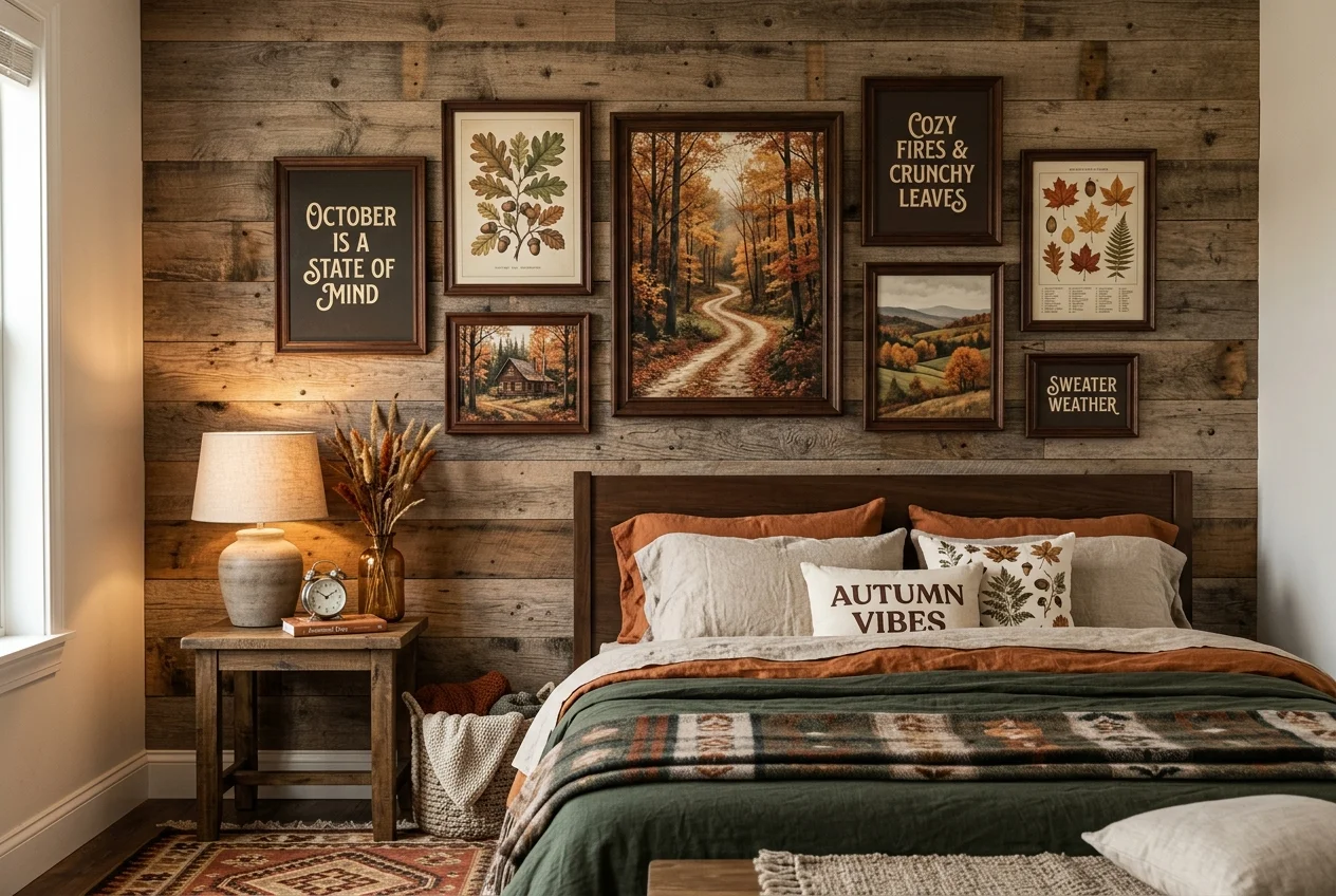 Framed autumn wall art prints of vintage forest landscapes on wooden bedroom wall