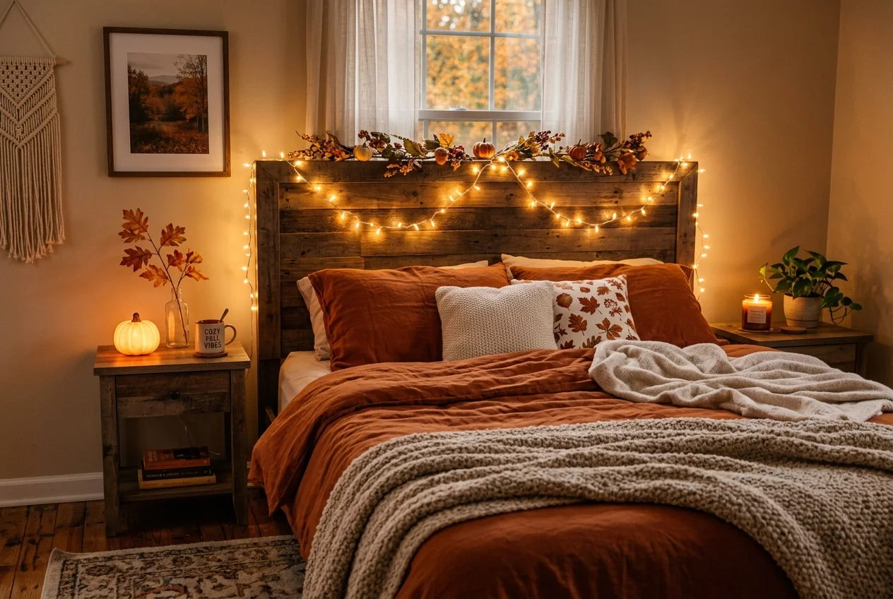 Warm string fairy lights draped over a wooden headboard in a cozy fall bedroom