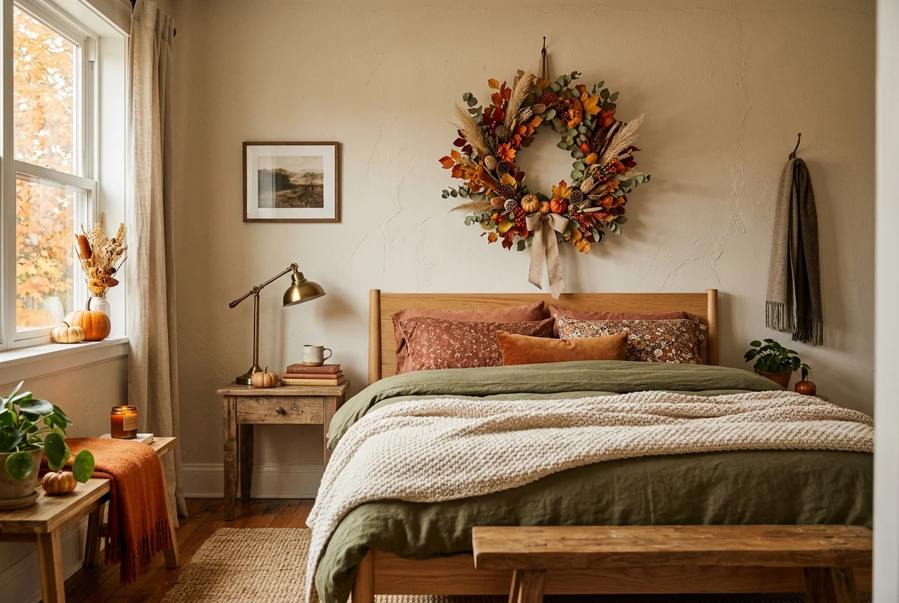 Rustic dried autumn flower wreath hanging above a bed on a neutral wall
