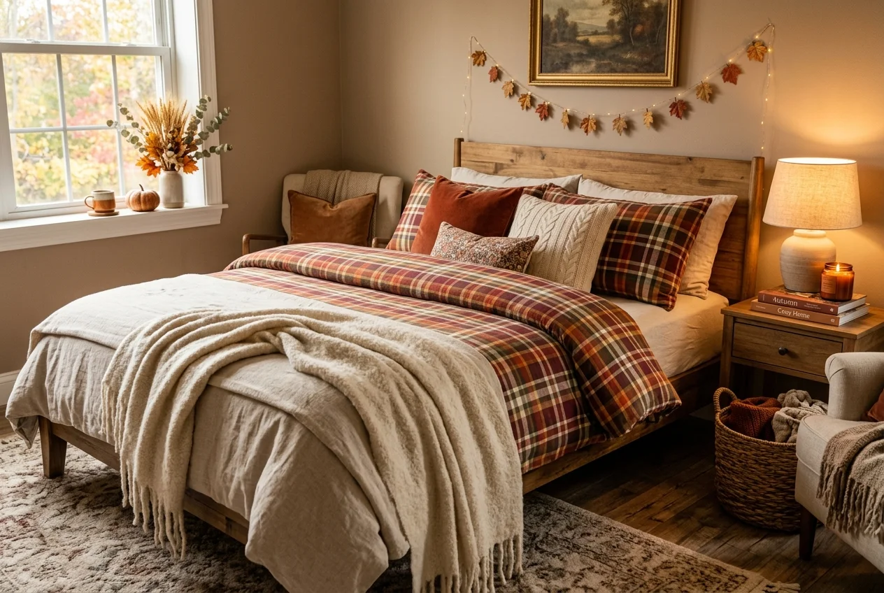Plaid tartan patterned bedding in deep red and cream for a cozy fall vibe