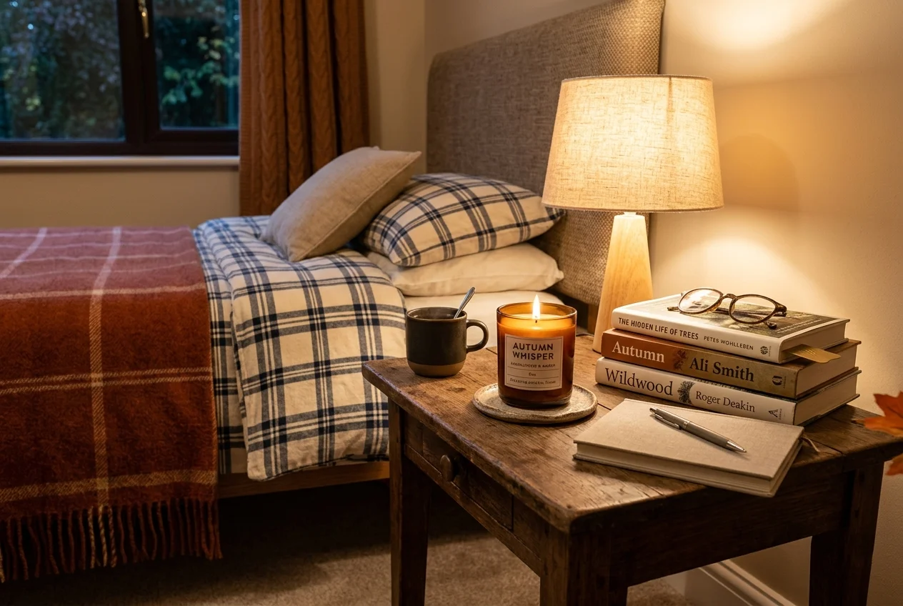 Cozy bedside table setup with warm amber candles, glowing lamps, and books
