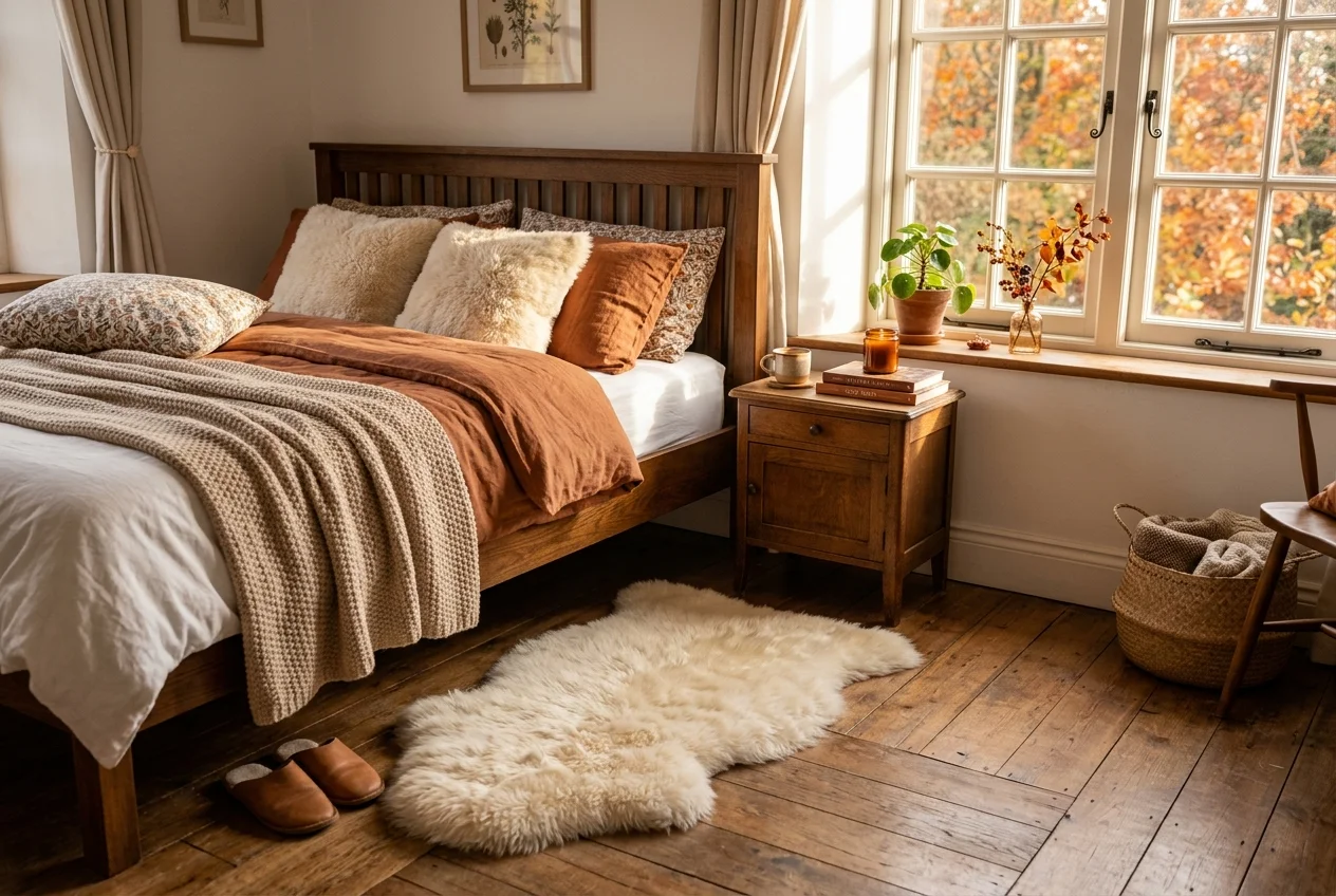 Soft cream faux fur accent rug next to a wooden bed in autumn sunlight