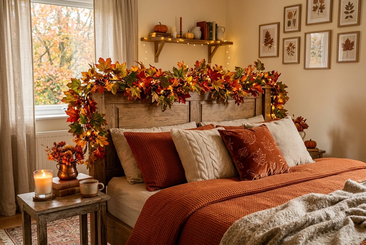 Vibrant autumn leaf garland wrapped around a wooden bed headboard