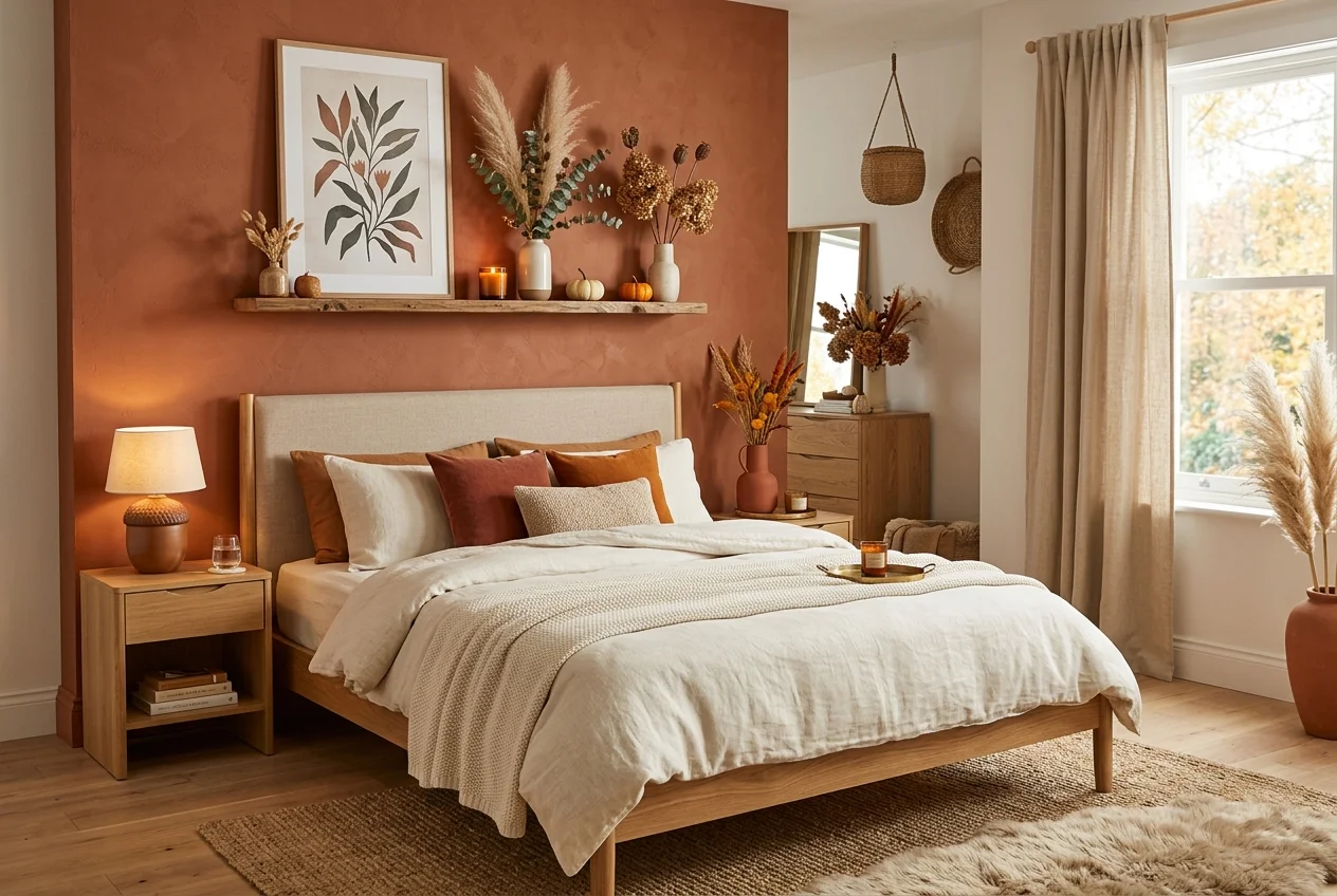 Modern aesthetic bedroom with a rich terracotta accent wall behind the bed