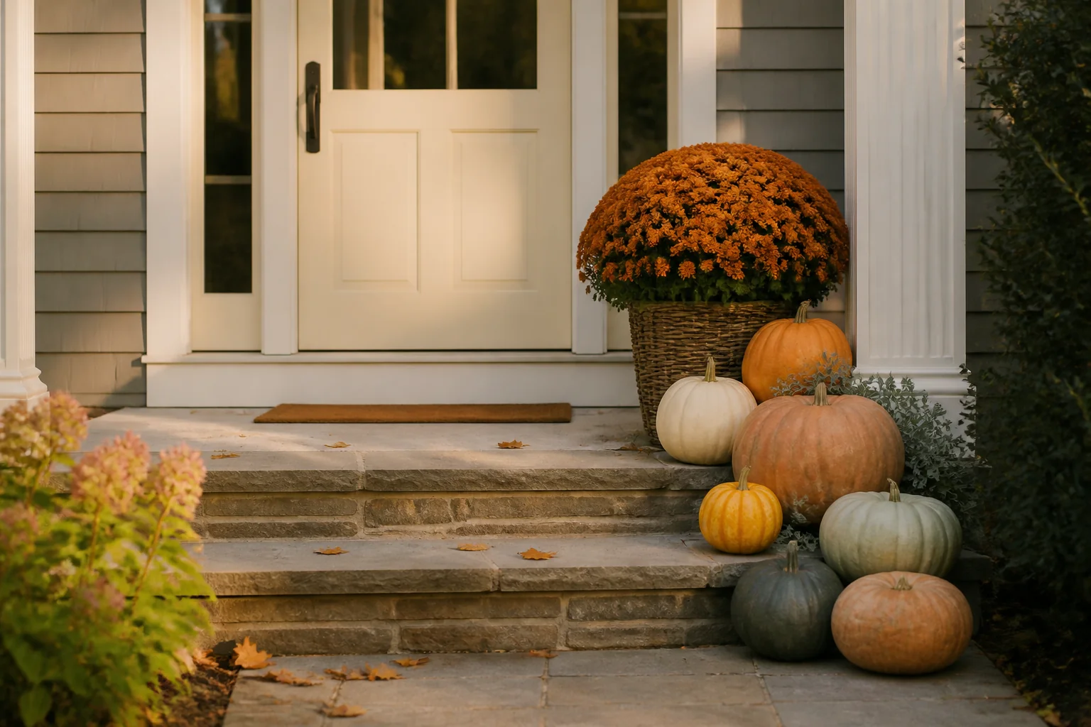 Fall porch steps decorated on one side with rust mums and heirloom pumpkins in cream, orange, and dusty green