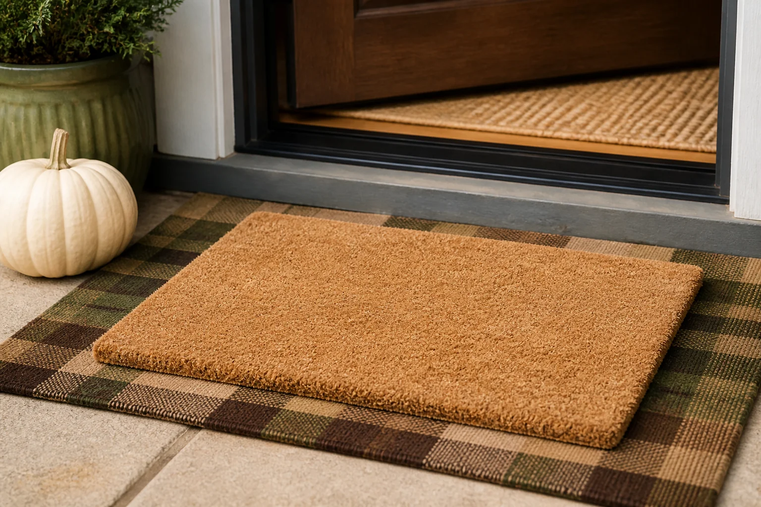Plain coir doormat layered over a chocolate, camel, and olive plaid outdoor rug on a fall porch
