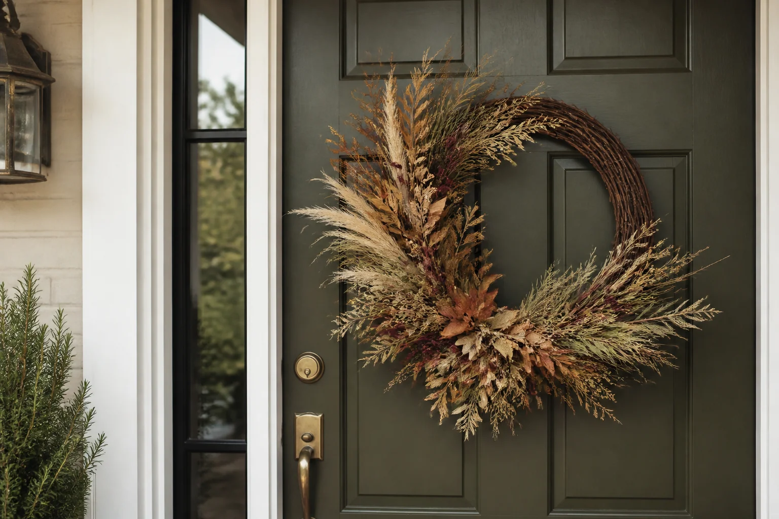 Asymmetrical fall wreath made with dried grasses, muted leaves, and olive foliage on a deep green front door