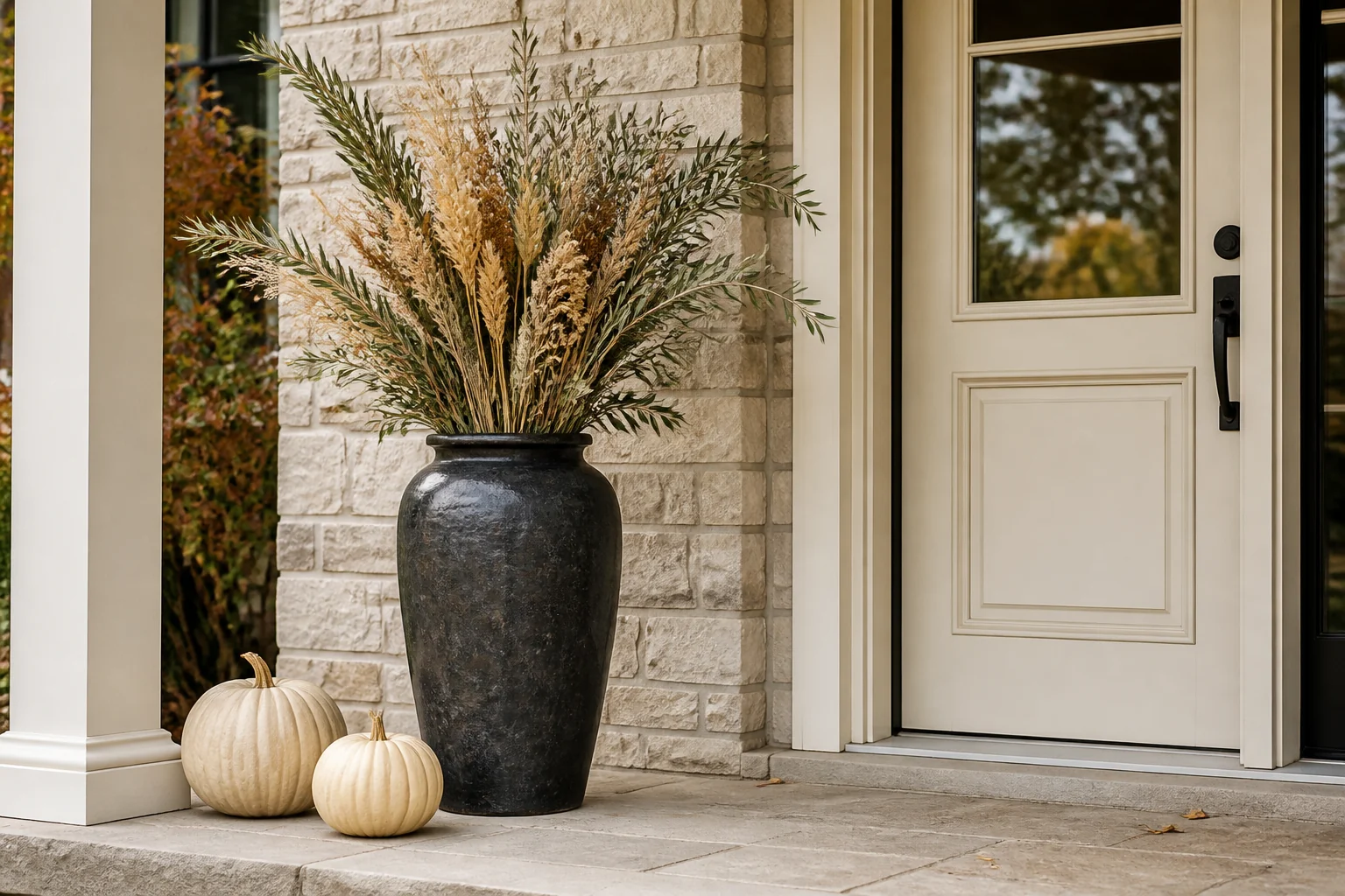 Tall dark porch urn filled with dried grasses and branches beside cream pumpkins and a neutral front door
