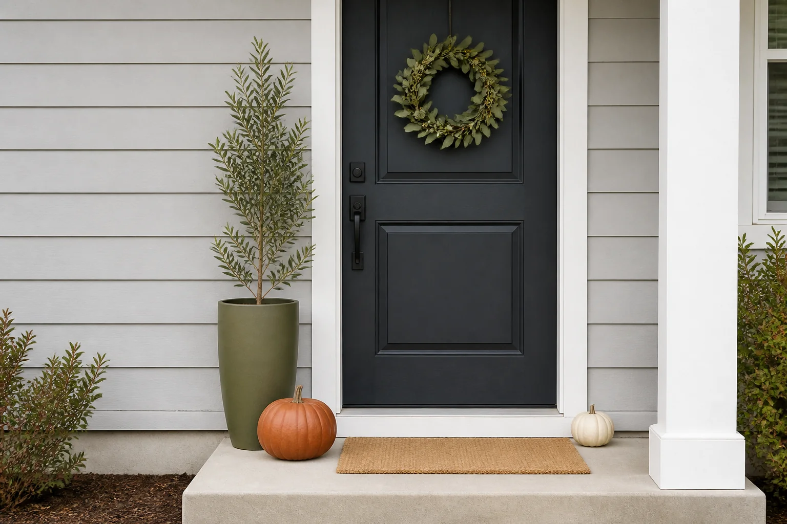 Small front stoop styled vertically with a narrow olive planter and two pumpkins beside a clear doorway