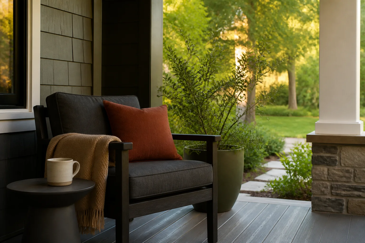 Covered fall porch seating corner with a dark chair, rust pillow, camel throw, and small side table