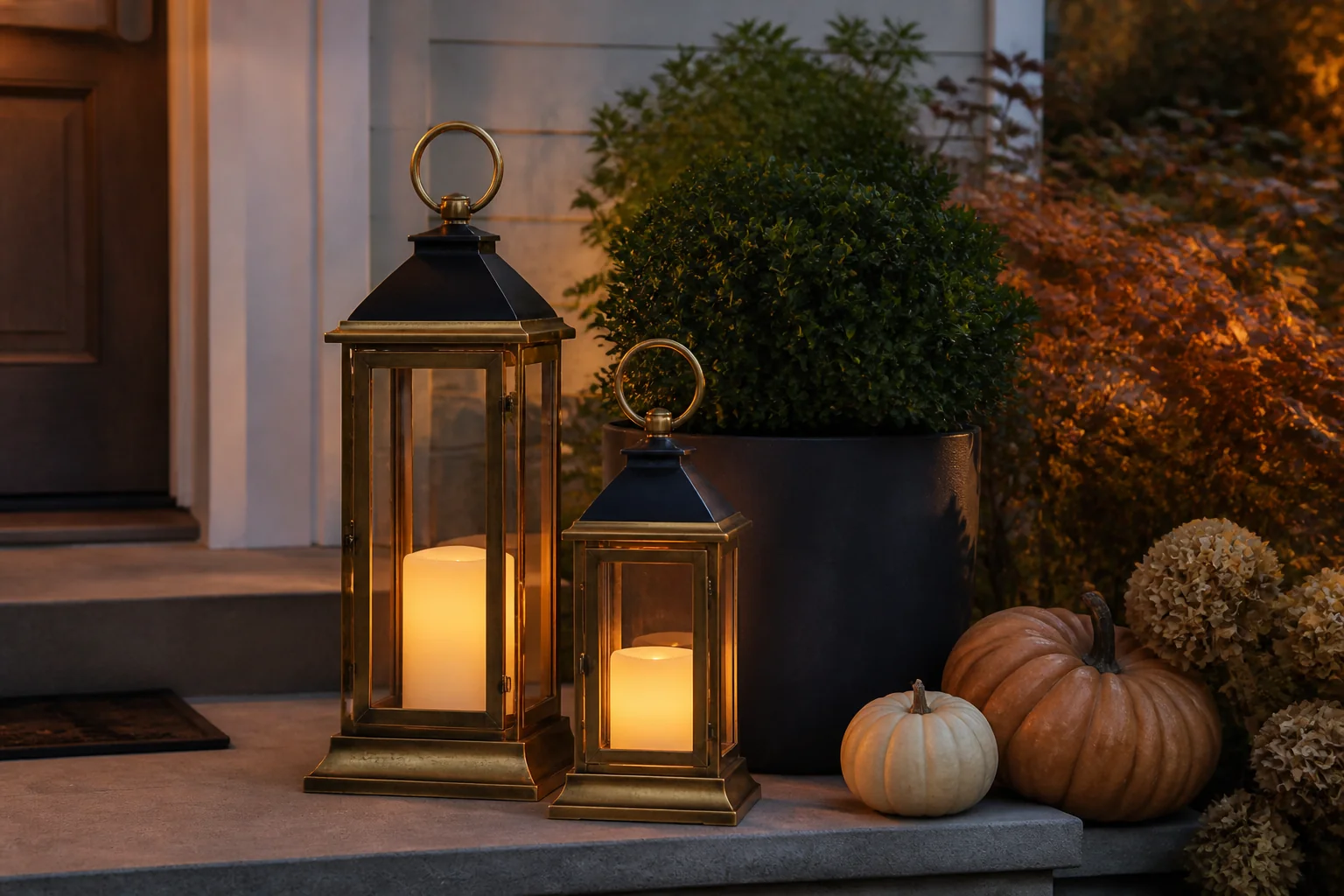 Two outdoor lanterns with warm flameless candles beside muted pumpkins on a fall porch at dusk