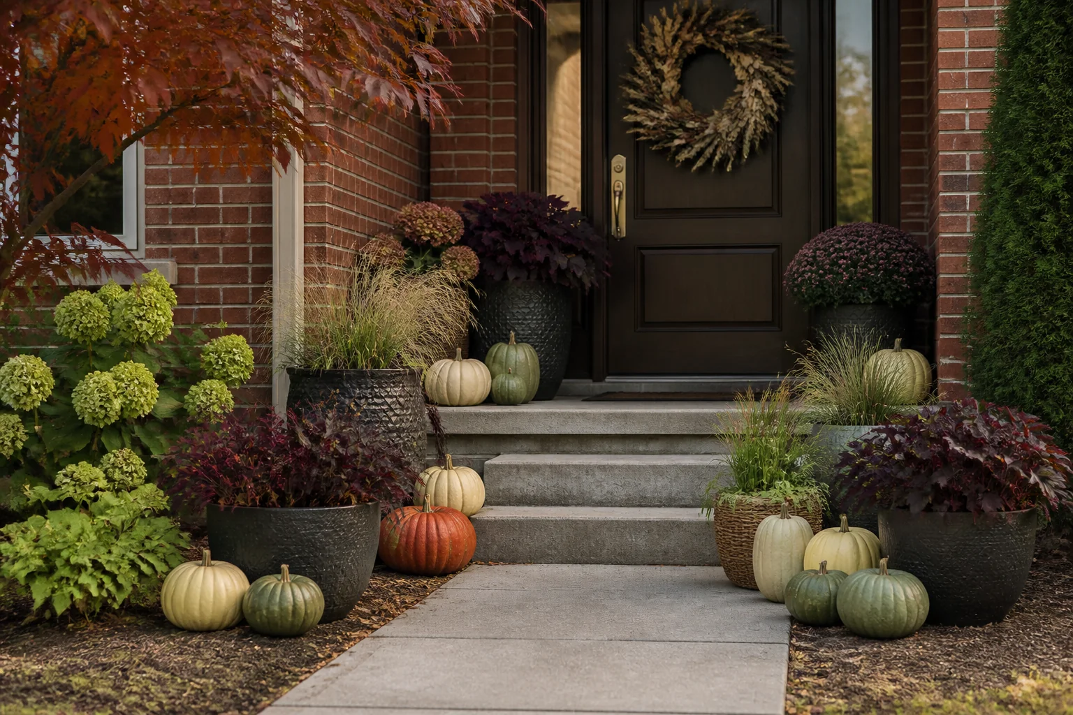 Brick fall porch decorated with cream and sage pumpkins, chocolate planters, and muted plum foliage
