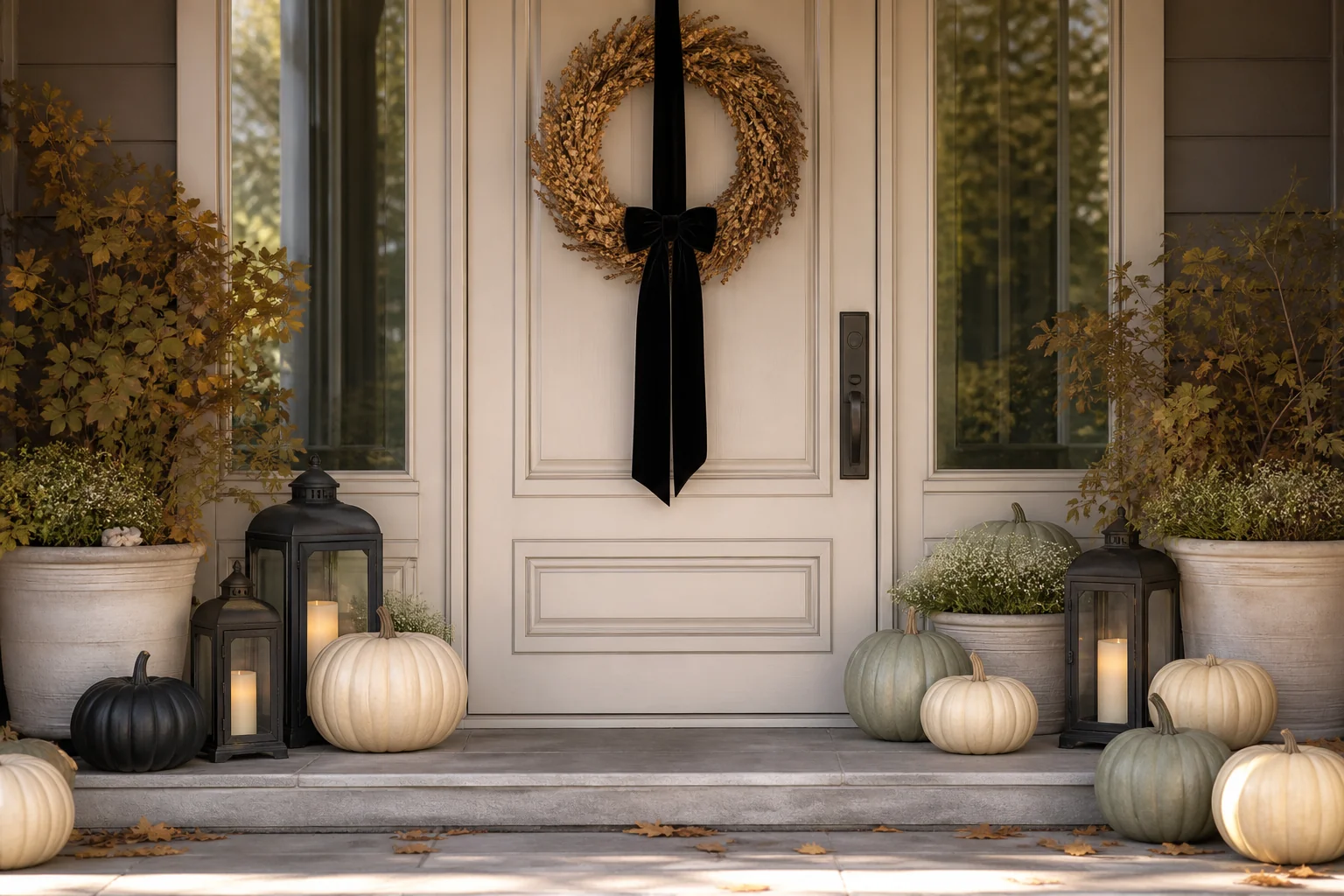 Elegant transitional fall porch with neutral pumpkins, black lanterns, and a wreath with a black ribbon