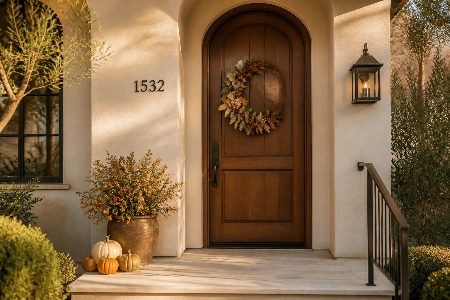 Balanced clutter-free fall entry with a natural wreath, one pumpkin cluster, clear steps, and warm lighting