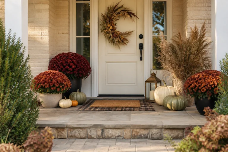 Inviting fall front porch with an asymmetrical wreath, heirloom pumpkins, rust mums, layered doormats, and warm neutral colors