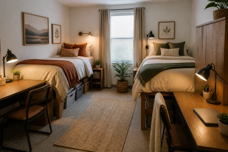 Cozy small college dorm with layered neutral bedding, warm desk lighting, organized storage, and damage-free wall decor
