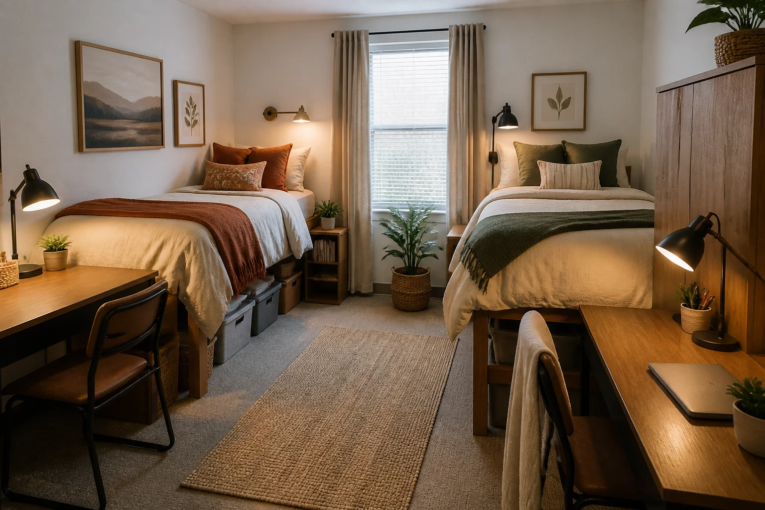 Cozy small college dorm with layered neutral bedding, warm desk lighting, organized storage, and damage-free wall decor
